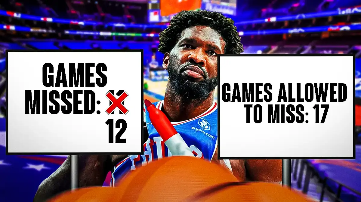 Joel Embiid with a marker and tally board of games missed vs. games allowed to miss for the MVP award