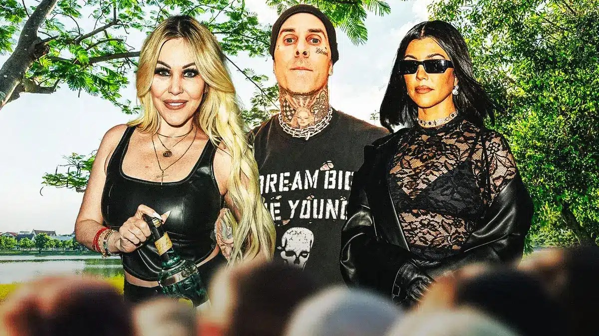 Shanna Moakler, Travis Barker and Kourtney Kardashian with a tree behind them