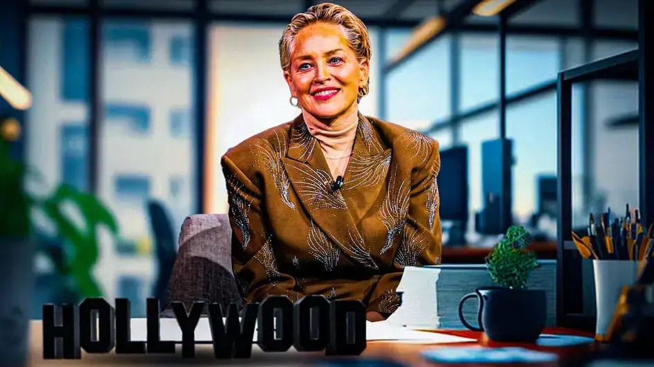Sharon Stone sitting a table, Hollywood sign on the bottom left.
