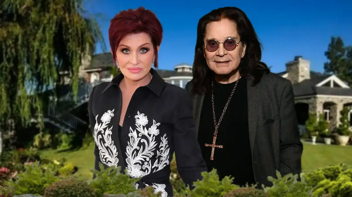 Sharon Osbourne and Ozzy Osbourne with a mansion behind them