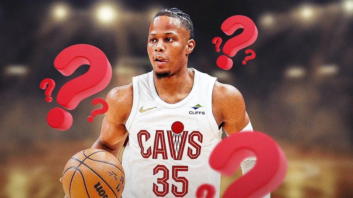 Photo: Isaac Okoro in action in Cavs jersey with question marks above him
