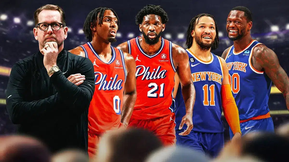 Sixers' Nick Nurse, Tyrese Maxey, Joel Embiid and Knicks' Jalen Brunson and Julius Randle