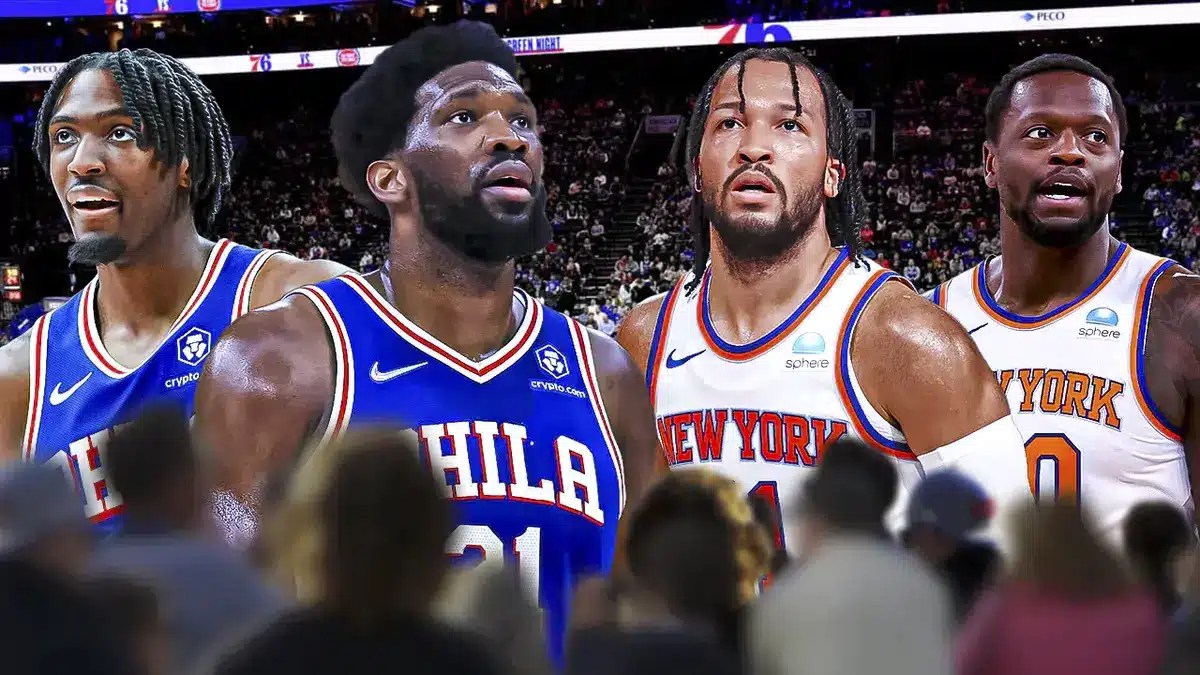 Sixers' Tyrese Maxey and Joel Embiid and Knicks' Jalen Brunson and Julius Randle