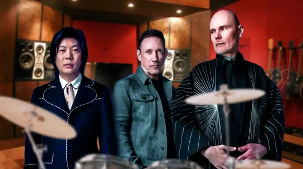 The Smashing Pumpkins with a drum set.