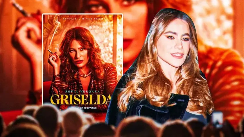 Sofia Vergara and a pic of the poster from her new Netflix show Griselda