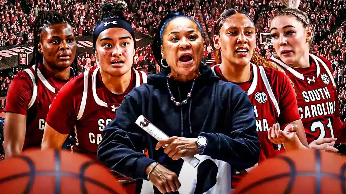 South Carolina women’s basketball coach Dawn Staley, and South Carolina women’s basketball players Te-Hina Paopao, Chloe Kitts, Kamilla Cardoso and MiLaysia Fulwiley