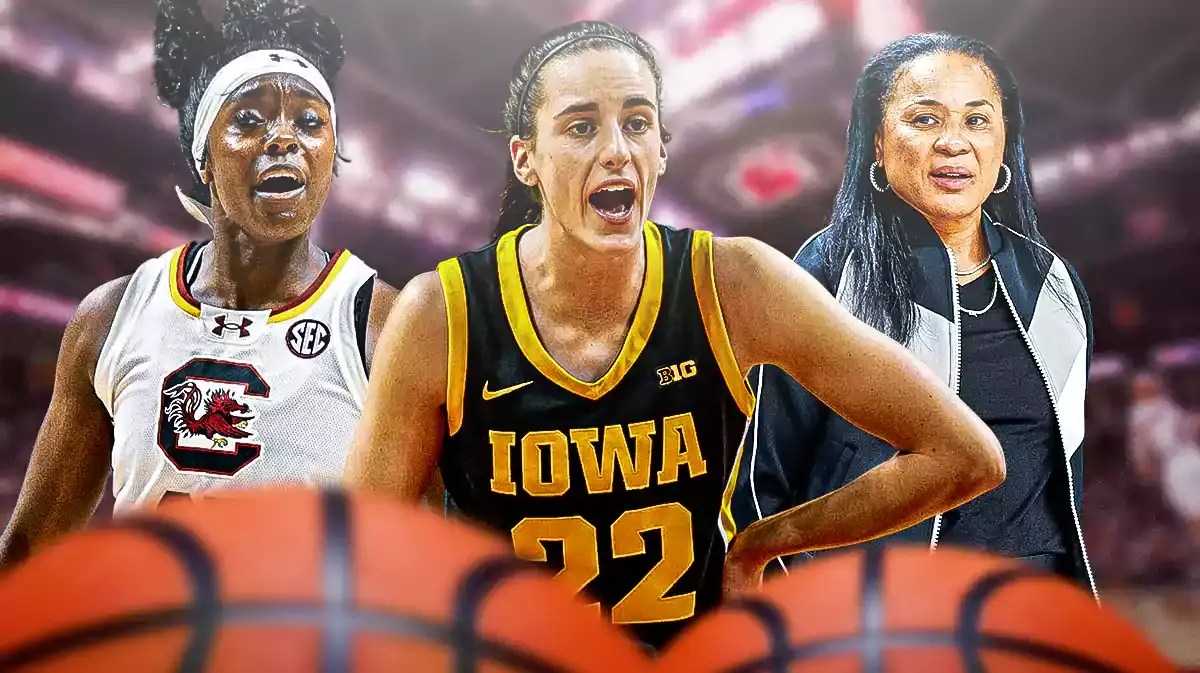 South Carolina women’s basketball players Raven Johnson and coach Dawn Staley, and Iowa women’s basketball player Caitlin Clark