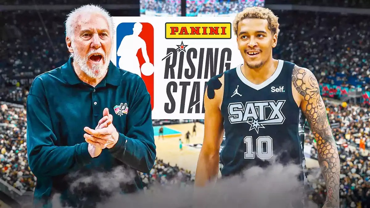 Spurs' Gregg Popovich looking angry, with Jeremy Sochan smiling beside Popovich, 2024 Panini Rising Stars logo beside Sochan