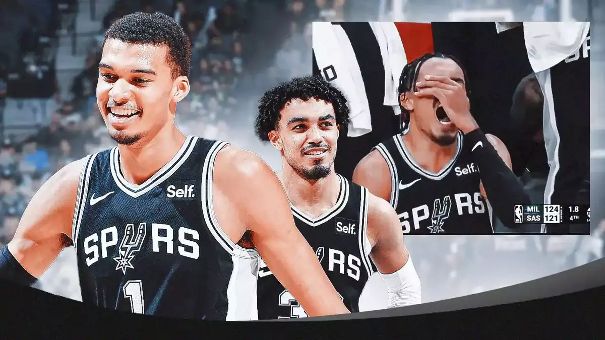 Spurs' Victor Wembanyama smiling with Tre Jones, screenshot of Tre Jones looking sad on the side
