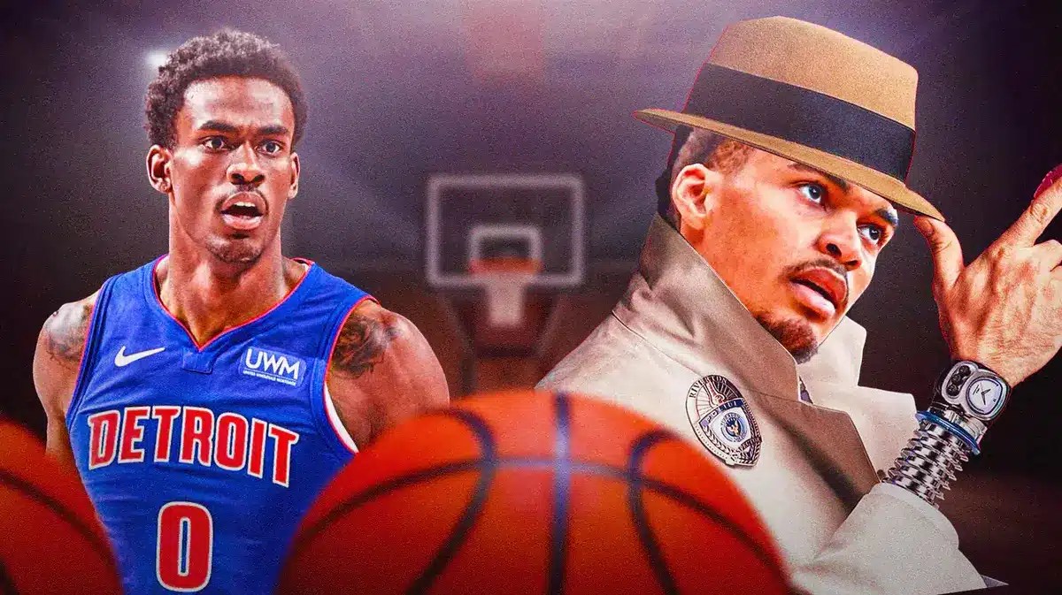 Pistons' Jalen Duren looking at Spurs' Victor Wembanyama as Inspector Gadget with go-go gadget arms