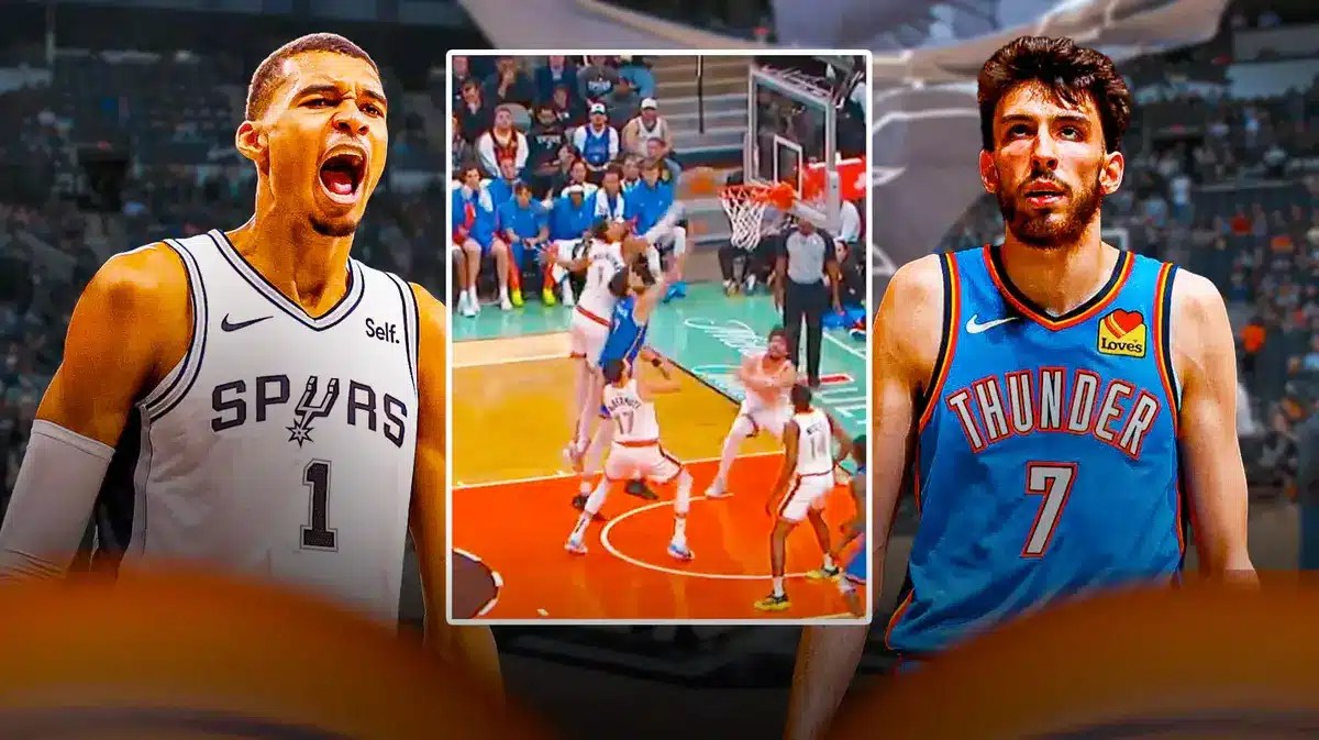 Spurs' Victor Wembanyama hyped up, Thunder’s Chet Holmgren looking sad, with screenshot of Wembanyama’s block in the middle
