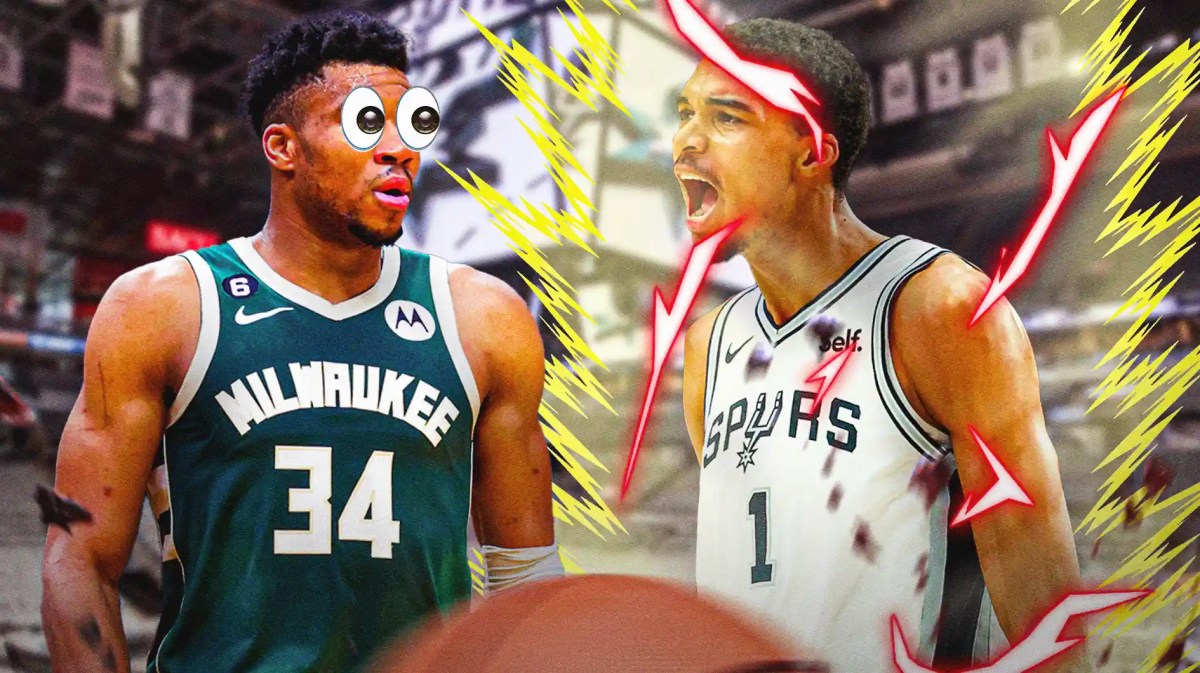 Spurs' Victor Wembanyama going Super Saiyan and Bucks' Giannis Antetokounmpo looking at him with big eyes