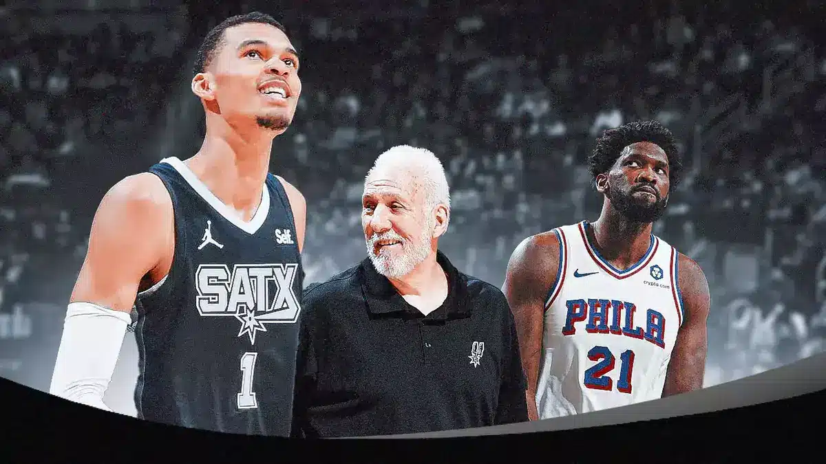 Spurs Gregg Popovich and Victor Wembanyama with 76ers Joel Embiid