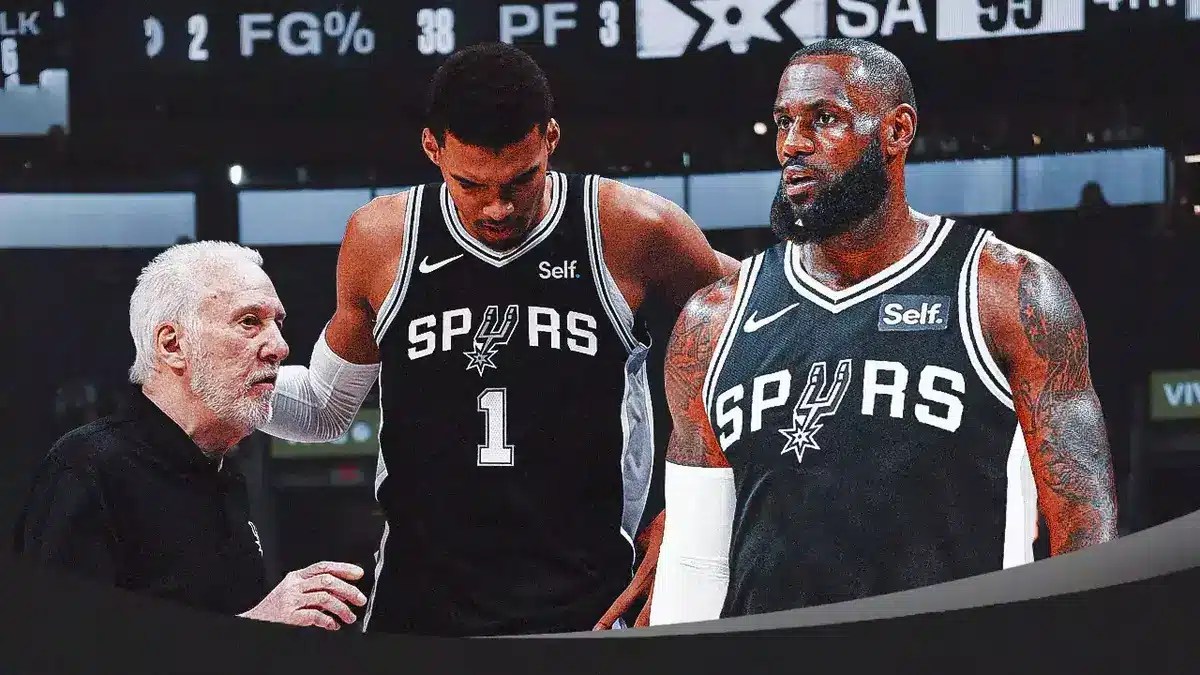 Spurs' Gregg Popovich and Victor Wembanyama, standing next to LeBron James wearing Spurs jersey