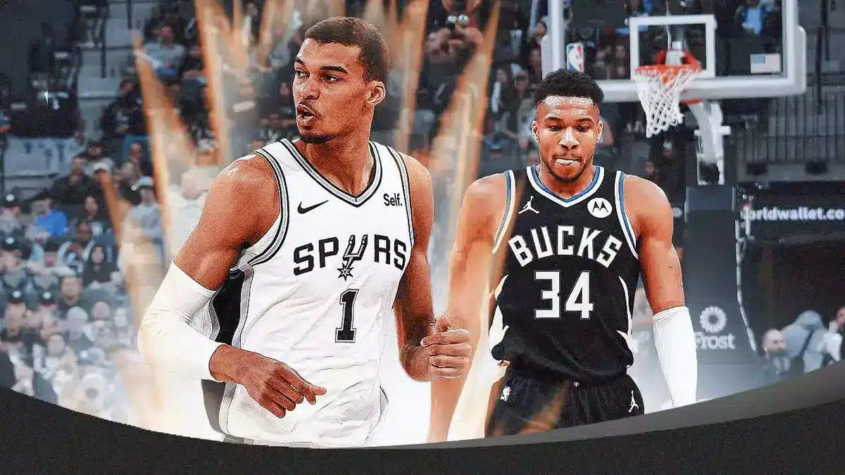 San Antonio Spurs rookie Victor Wembanyama in front of Giannis Antetokounmpo