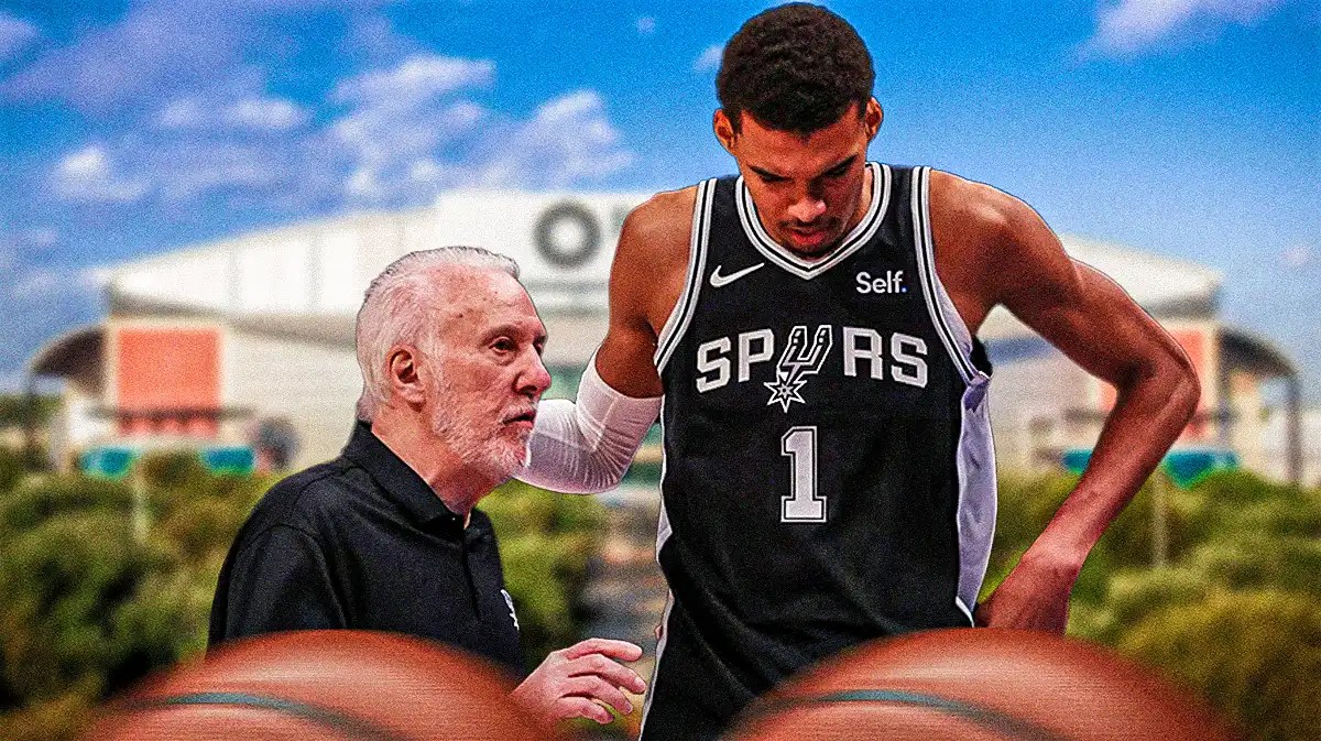 Victor Wembanyama and Gregg Popovich with the Spurs arena in the background