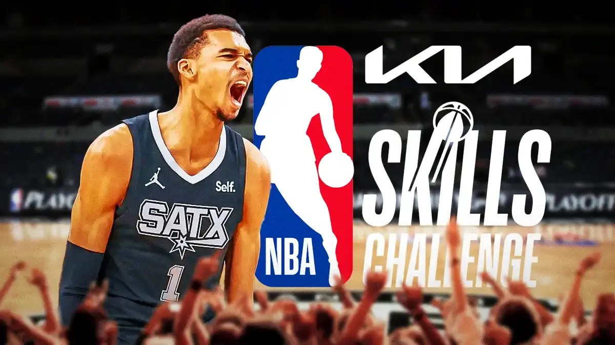 Victor Wembanyama next to the NBA skills challenge logo (San Antonio Spurs)