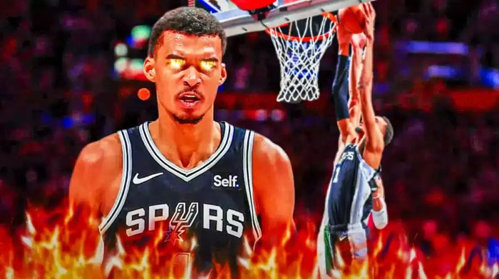 Victor Wembanyama with fire in his eyes in front. In background, Victor Wembanyama dunking a basketball.