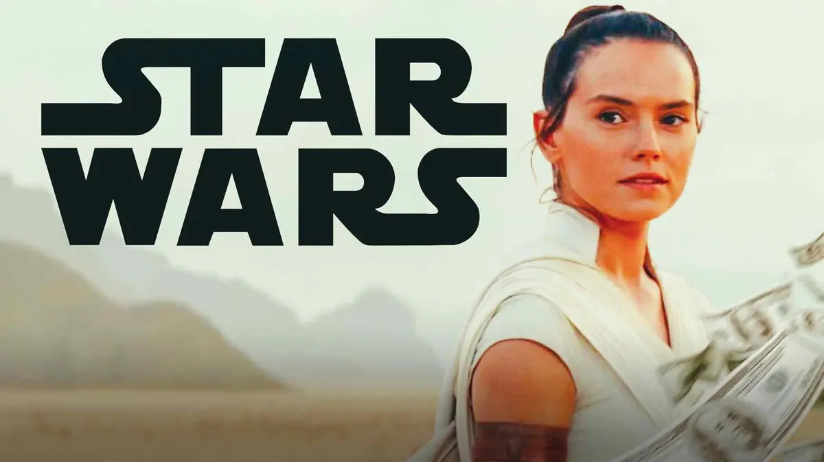 Daisy Ridley as Rey and Star Wars logo.
