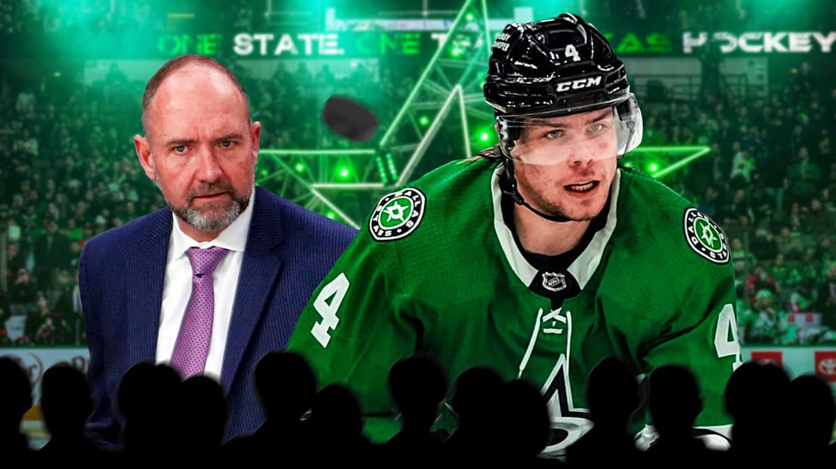 Stars coach Pete DeBoer and star Miro Heiskanen.