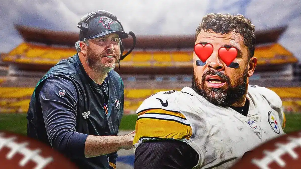 Steelers Cam Heyward with heart emoji eyes looking at former Falcons coach Arthur Smith