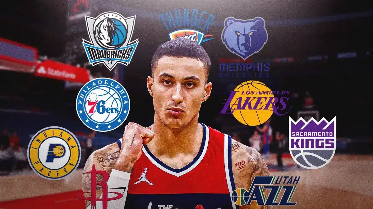 Kyle Kuzma with Pacers, 76ers, Mavericks, Thunder, Grizzlies, Lakers, Kings, and Jazz logos around him