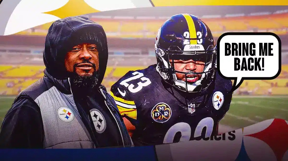 Former Pittsburgh Steelers player Mike Mitchell (in uniform please) and speech bubble “Bring Me Back!” and Steelers head coach Mike Tomlin
