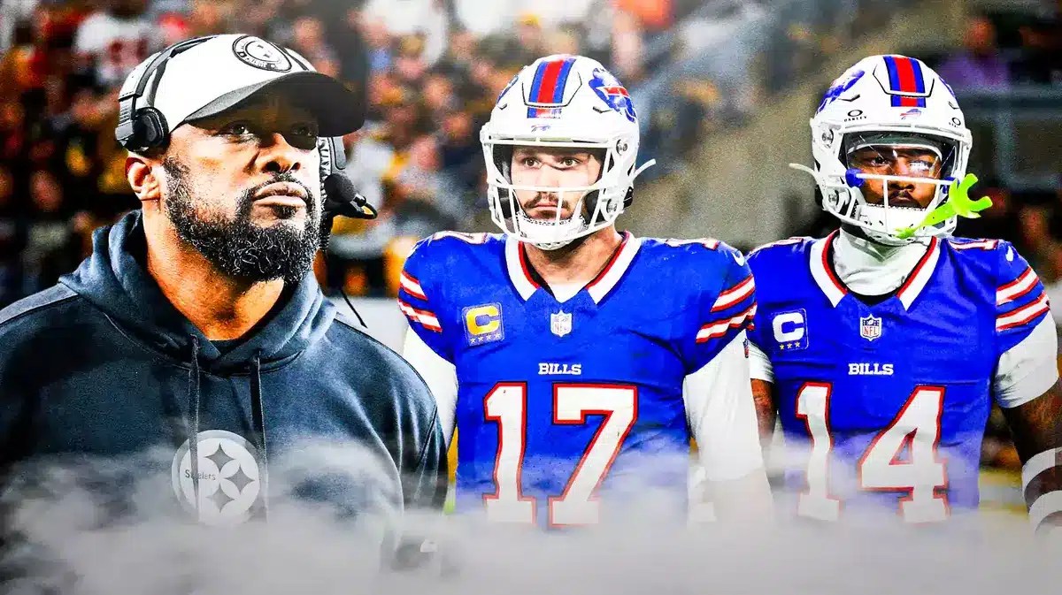 Photo: Mike Tomlin in Steelers gear with Josh Allen in Bills uniform and Stefon Diggs in Bills uniform next to him