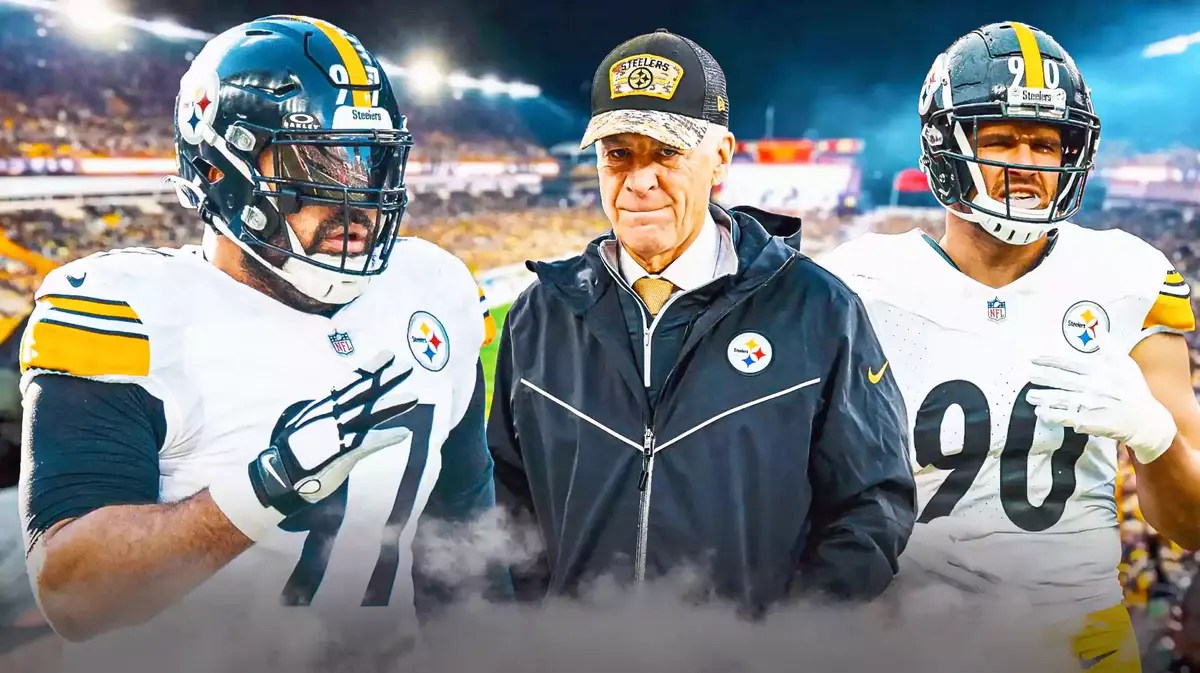 Steelers Art Rooney II with Cam Heyward. TJ Watt, and Mike Tomlin