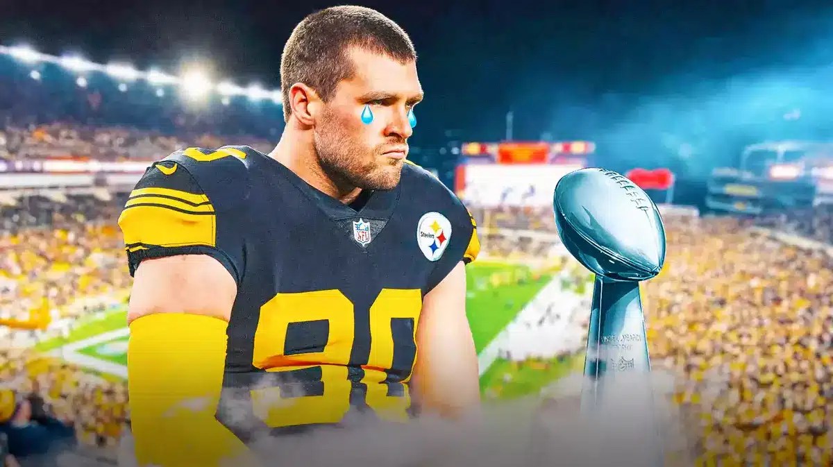 TJ Watt with animated tears. Vince Lombardi Trophy in the background