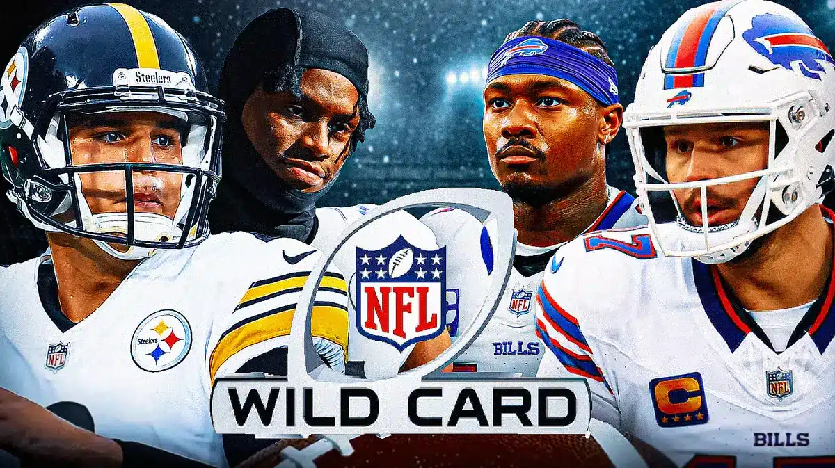 Mason Rudolph, George Pickens, Steelers logo vs Josh Allen, Stefon Diggs, Bills logo. Wild Card logo front and center.