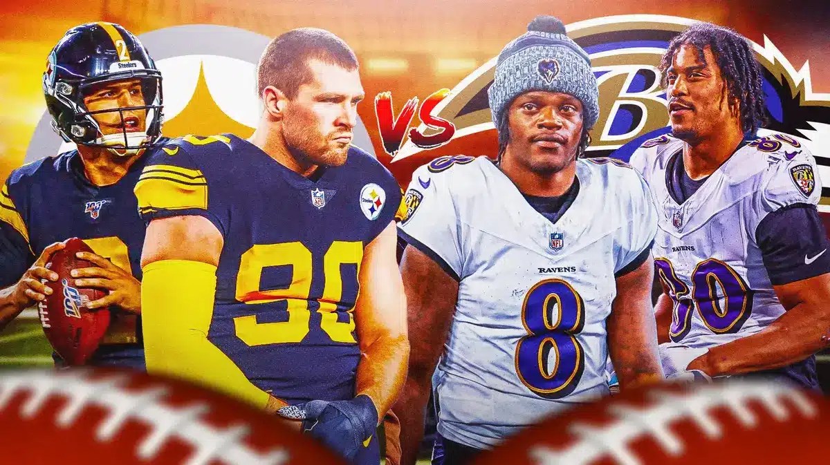 T.J. Watt, Mason Rudolph, Steelers logo vs. Lamar Jackson, Isaiah Likely, Ravens logo.