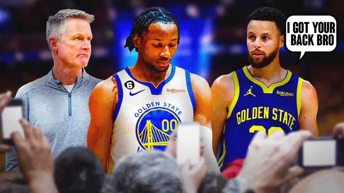 Warriors Stephen Curry saying “I got your back bro” with frustrated Jonathan Kuminga and Steve Kerr in the background