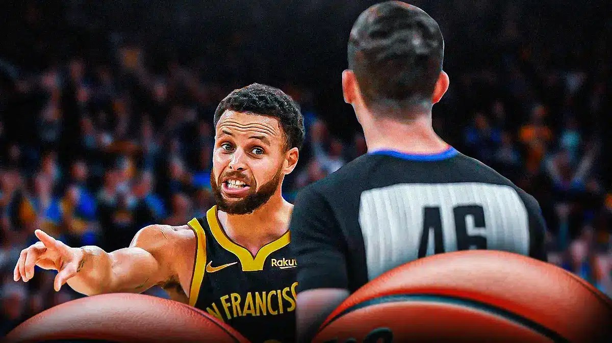 Warriors guard Stephen Curry yelling at an NBA referee.