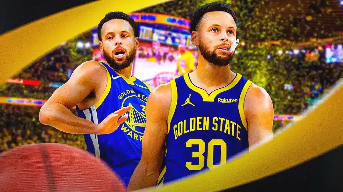 Golden State Warriors star Stephen Curry in front of the Chase Center.