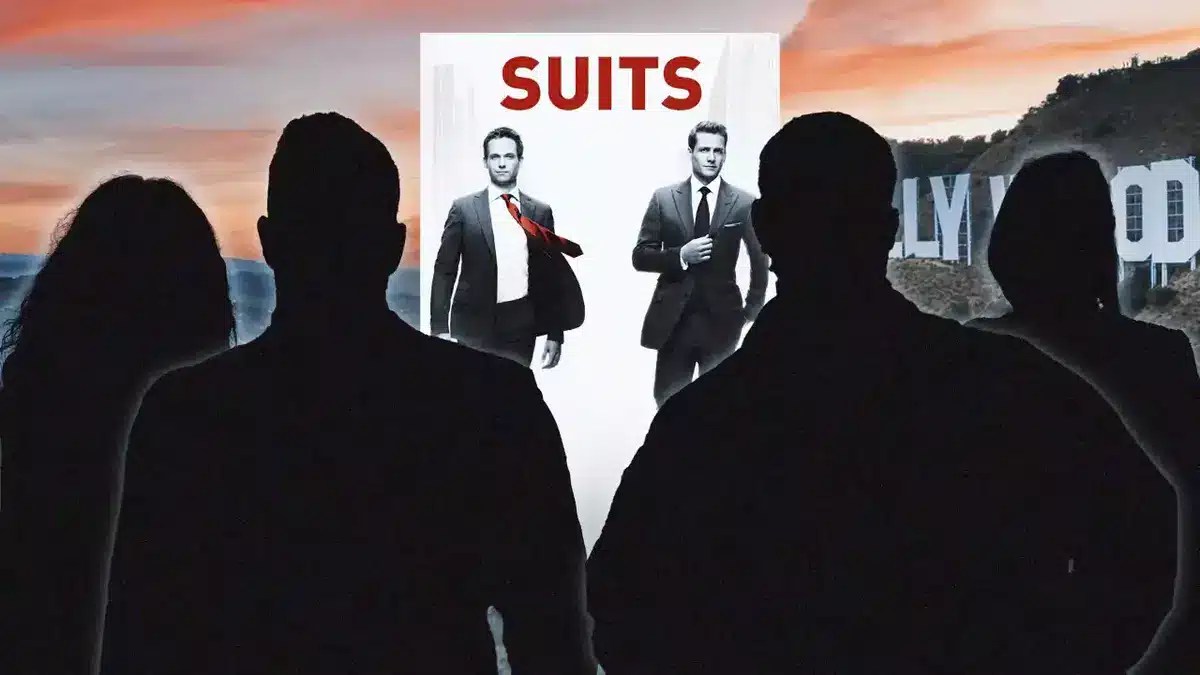 Suits poster in the background, people in silhouette