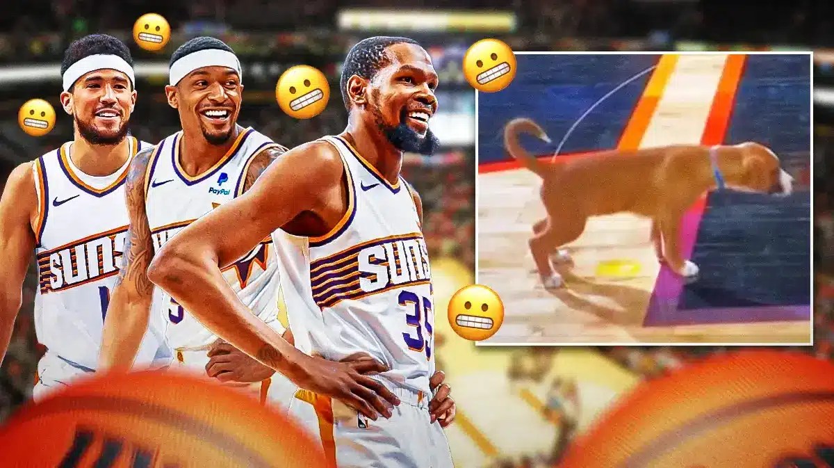 Suns' Kevin Durant, Bradley Beal, and Devin Booker laughing, with the grimace emoji around them and screenshot of the dog peeing in the middle