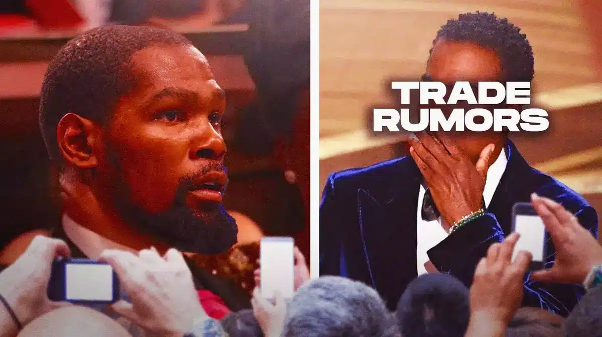 Two panels: one panel ,Kevin Durant as Will Smith during Oscars 2022: Keep my name out of your mouth!, second panel, Chris Rock with the word: “TRADE RUMORS” over his face