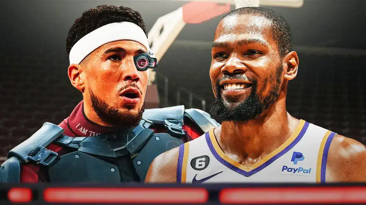 Suns' Kevin Durant smiling, with Devin Booker hyped up as Suicide Squad's Deadshot