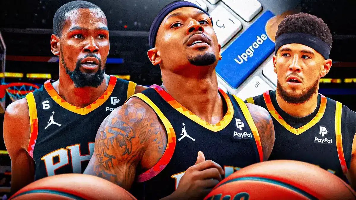 Suns' Kevin Durant, Bradley Beal, and Devin Booker all looking serious, with the upgrade meme beside them