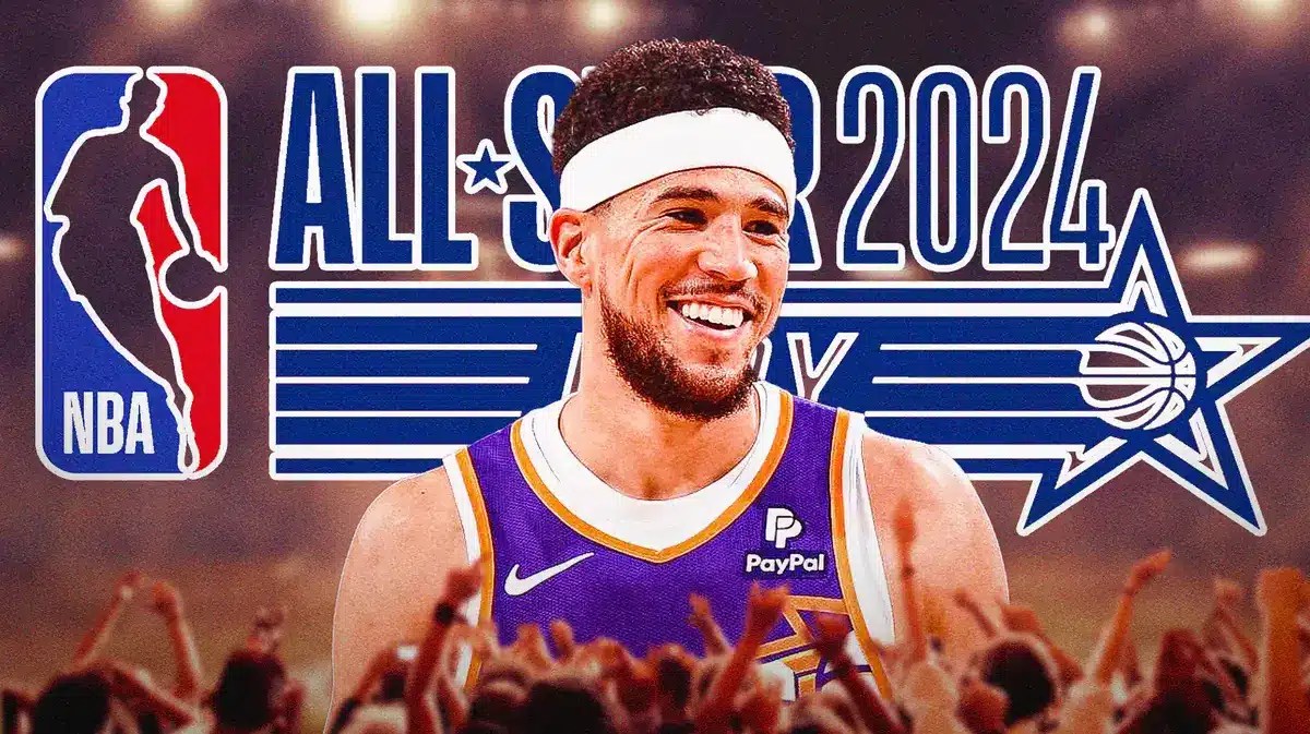Devin Booker (Phoenix Suns) with NBA All-Star logo behind him
