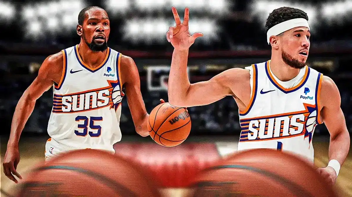 Phoenix Suns stars Kevin Durant and Devin Booker in Footprint Center.
