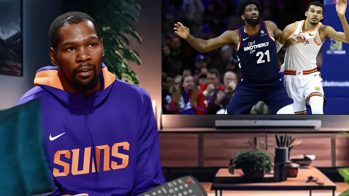Suns star Kevin Durant watching Joel Embiid score 70