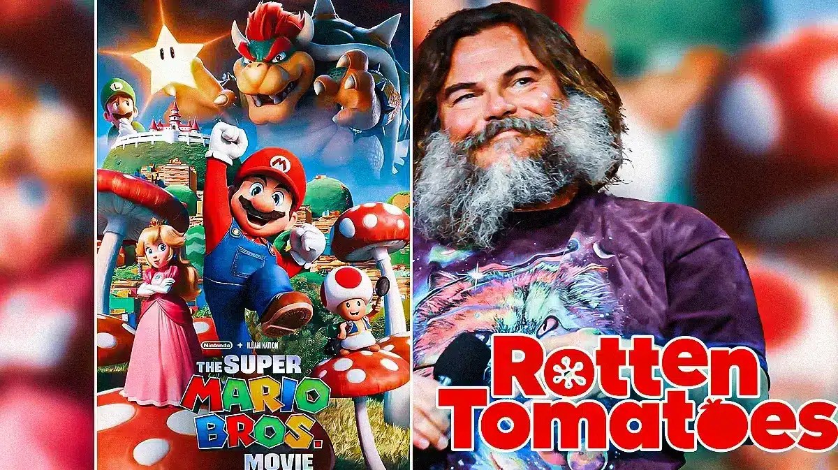 The Super Mario Bros. Movie poster with Jack Black and Rotten Tomatoes logo.