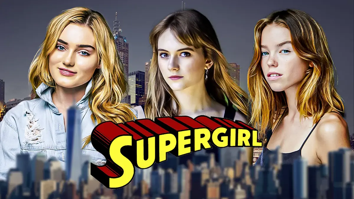Emilia Jones, Meg Donnelly, and Milly Alcock with a Supergirl logo.