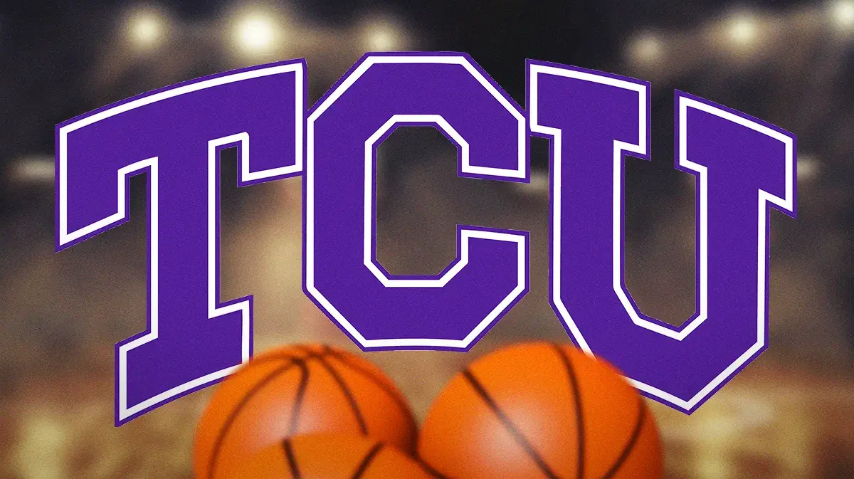 The Texas Christian University logo on a basketball court with basketballs
