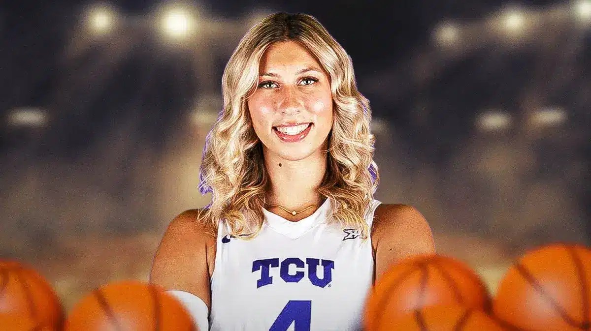 TCU women’s volleyball player Sarah Sylvester, with basketballs around her