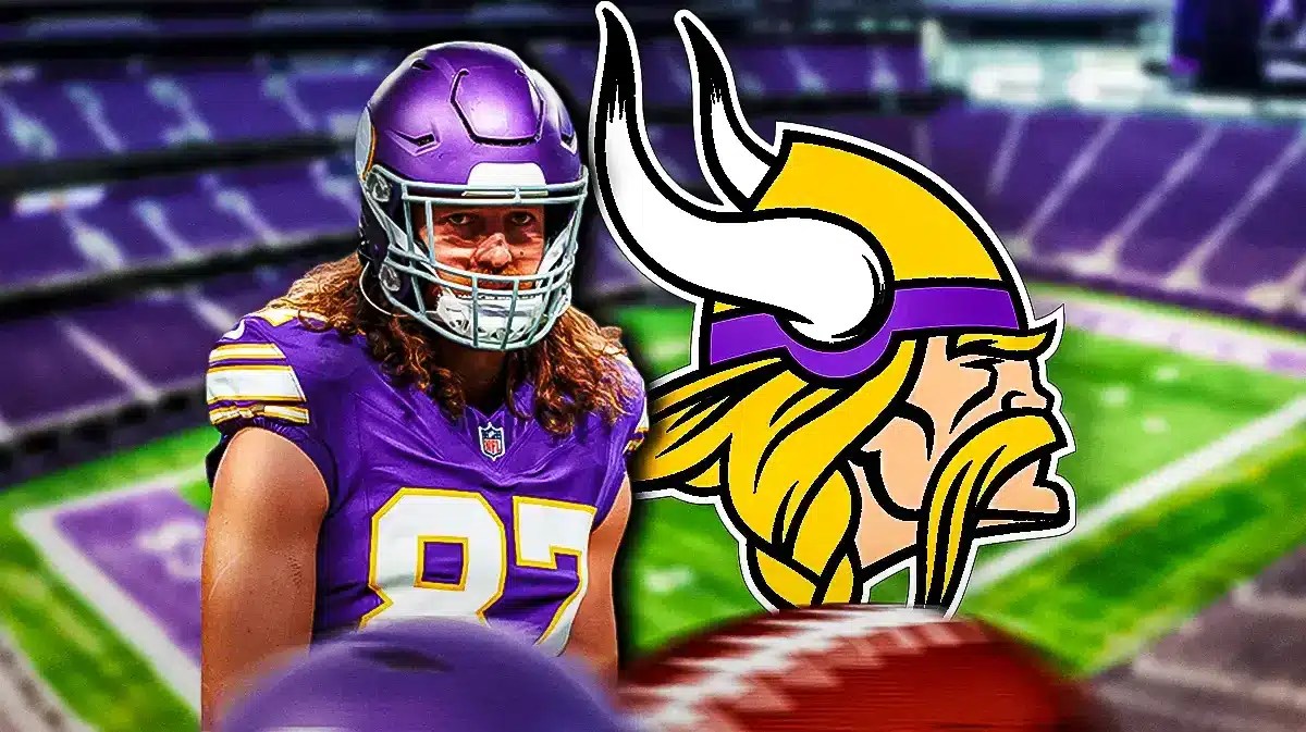 TJ Hockenson looking upset next to a Vikings logo at US Bank Stadium