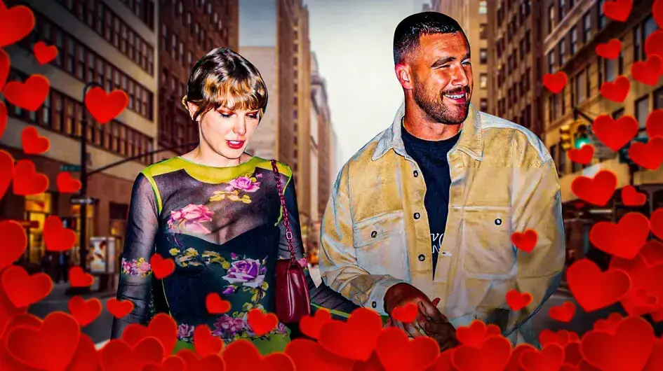 Taylor Swift and Travis Kelce with hearts around them
