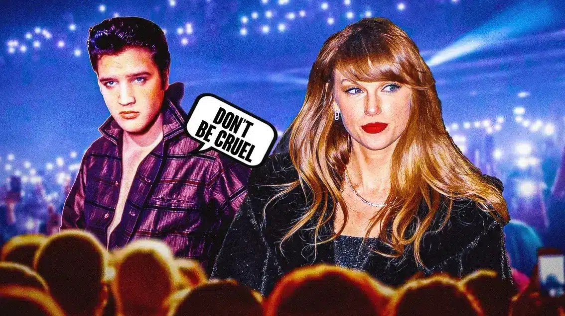 Taylor Swift and Elvis Presley, with Elvis having a speech bubble “Don’t be cruel”